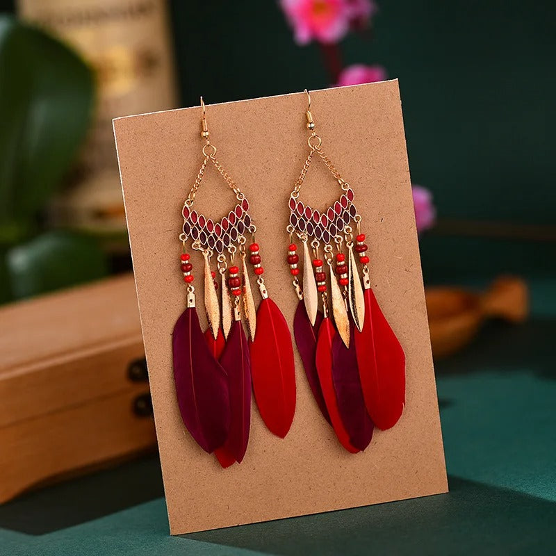 New Ethnic Feather Dangle Earrings For Women Bohemian Long Tassel Beads Drop Earring Girl Fashion Party Jewelry Accessories