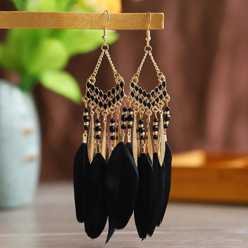 New Ethnic Feather Dangle Earrings For Women Bohemian Long Tassel Beads Drop Earring Girl Fashion Party Jewelry Accessories