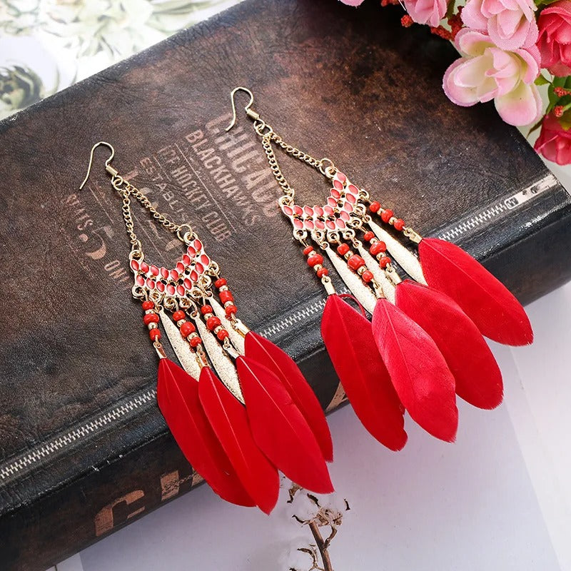 New Ethnic Feather Dangle Earrings For Women Bohemian Long Tassel Beads Drop Earring Girl Fashion Party Jewelry Accessories