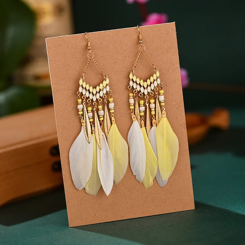 New Ethnic Feather Dangle Earrings For Women Bohemian Long Tassel Beads Drop Earring Girl Fashion Party Jewelry Accessories