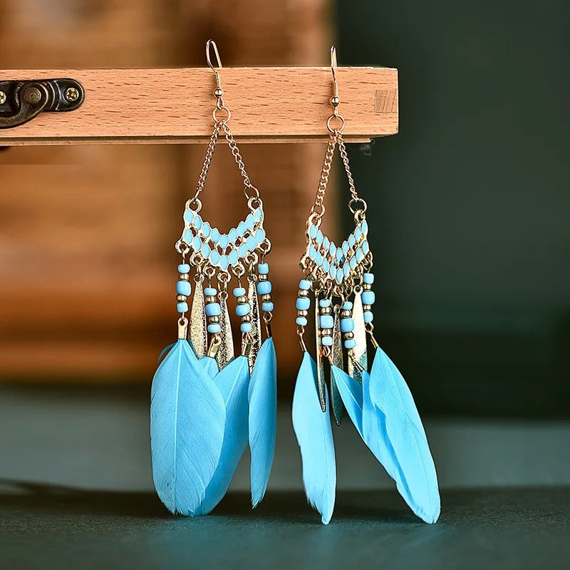 New Ethnic Feather Dangle Earrings For Women Bohemian Long Tassel Beads Drop Earring Girl Fashion Party Jewelry Accessories
