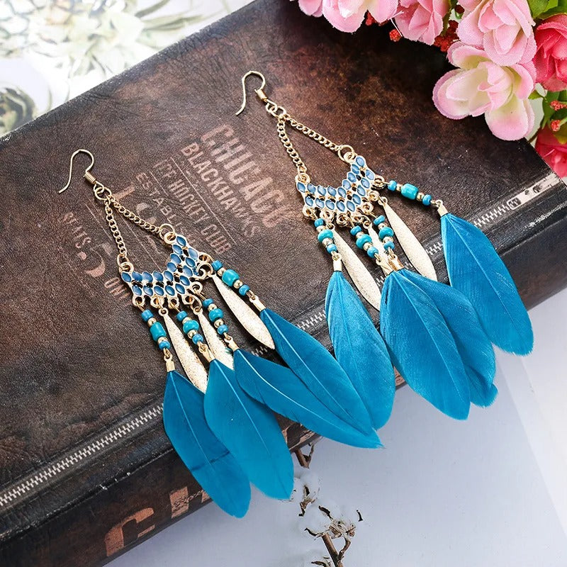 New Ethnic Feather Dangle Earrings For Women Bohemian Long Tassel Beads Drop Earring Girl Fashion Party Jewelry Accessories