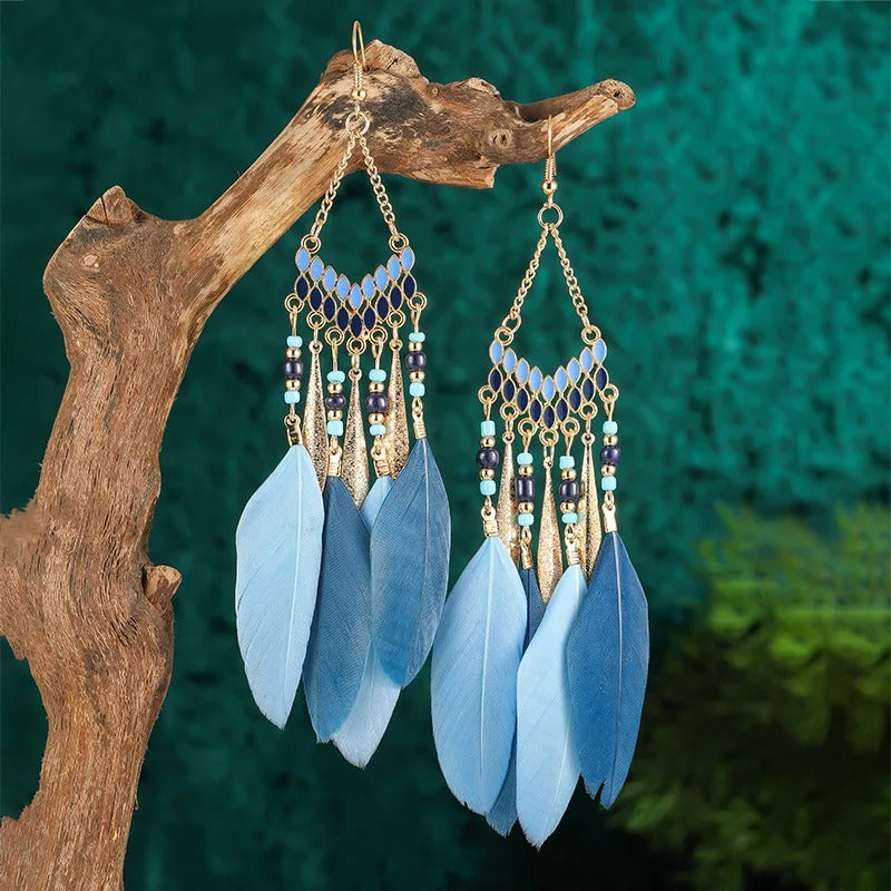 New Ethnic Feather Dangle Earrings For Women Bohemian Long Tassel Beads Drop Earring Girl Fashion Party Jewelry Accessories