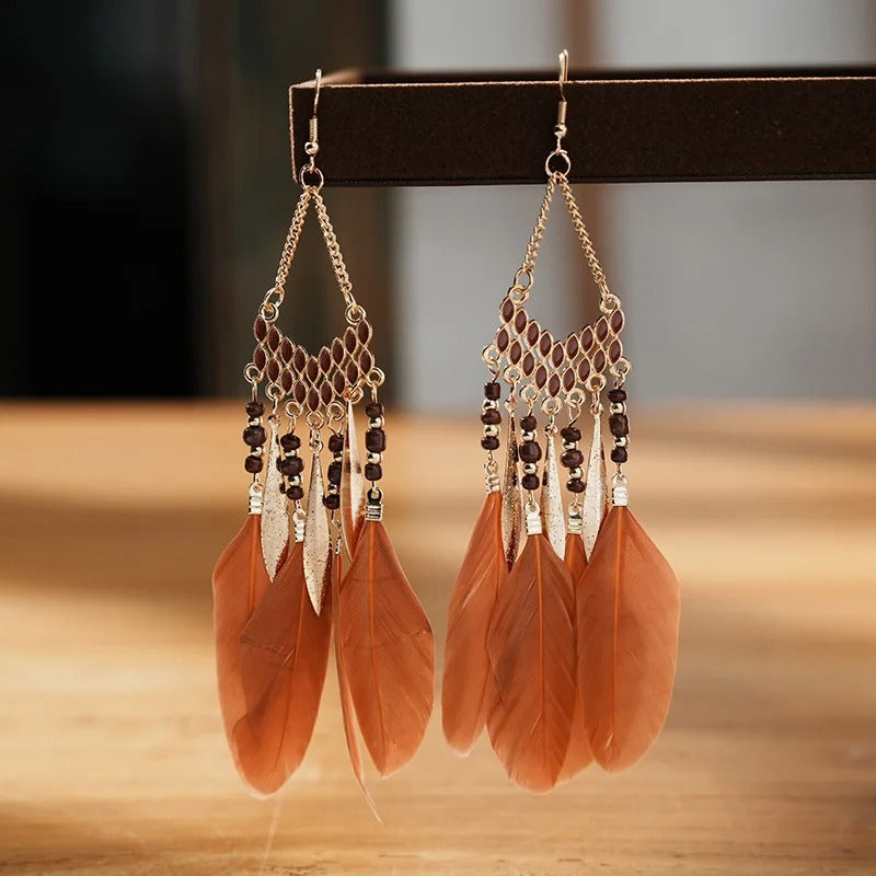 New Ethnic Feather Dangle Earrings For Women Bohemian Long Tassel Beads Drop Earring Girl Fashion Party Jewelry Accessories