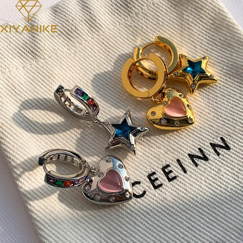 Vintage Heart Star Zircon Drop Dangle Earrings For Women Girl Luxury Fashion New Jewelry Ladies Gift Party сережки