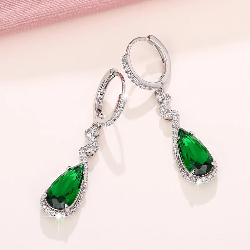 Huitan Luxury Pear Green Cubic Zirconia Earrings for Women Temperament Hanging Earrings Engagement Wedding Party Fashion Jewelry