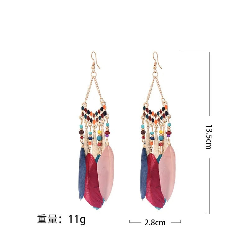 New Ethnic Feather Dangle Earrings For Women Bohemian Long Tassel Beads Drop Earring Girl Fashion Party Jewelry Accessories