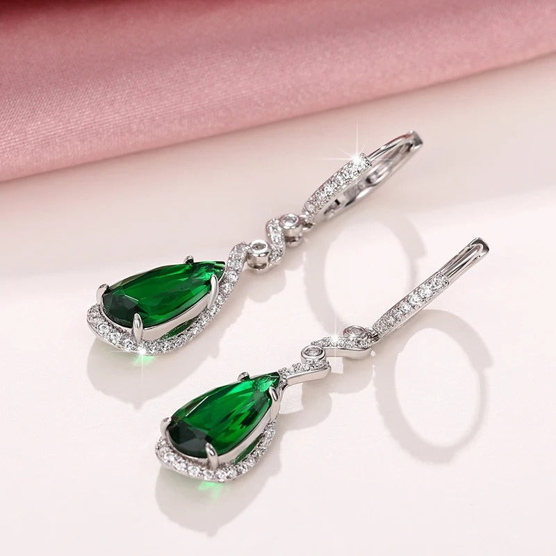 Huitan Luxury Pear Green Cubic Zirconia Earrings for Women Temperament Hanging Earrings Engagement Wedding Party Fashion Jewelry