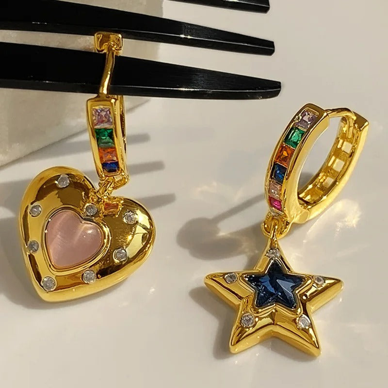 Vintage Heart Star Zircon Drop Dangle Earrings For Women Girl Luxury Fashion New Jewelry Ladies Gift Party сережки