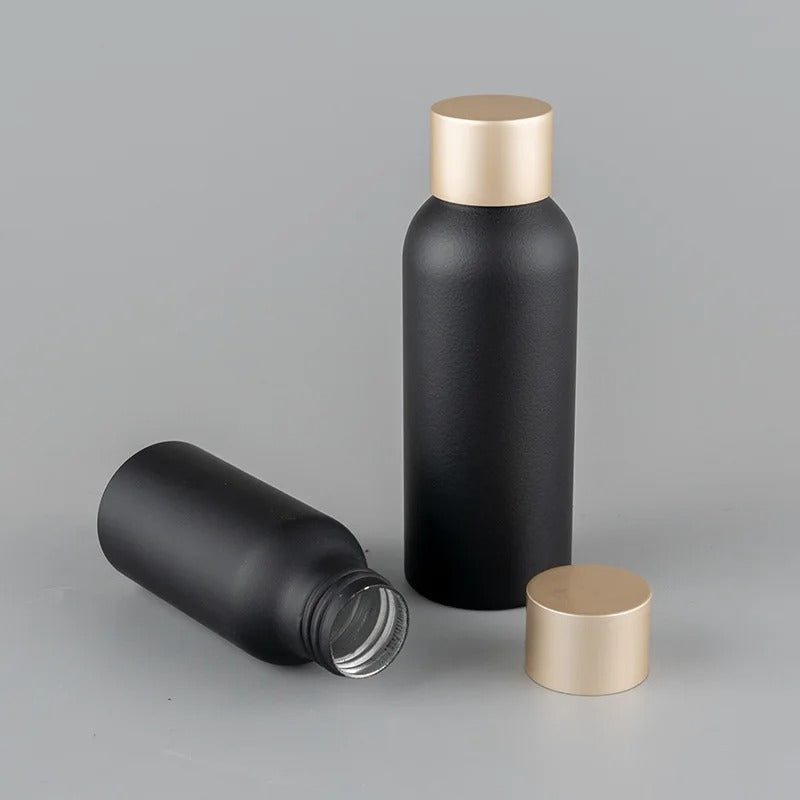 20/50 Pieces Matte Black Aluminum Bottle 50ml Refill Bottles Cosmetic Oil 100ml Black Aluminum Bottles With Golden Lid packaging